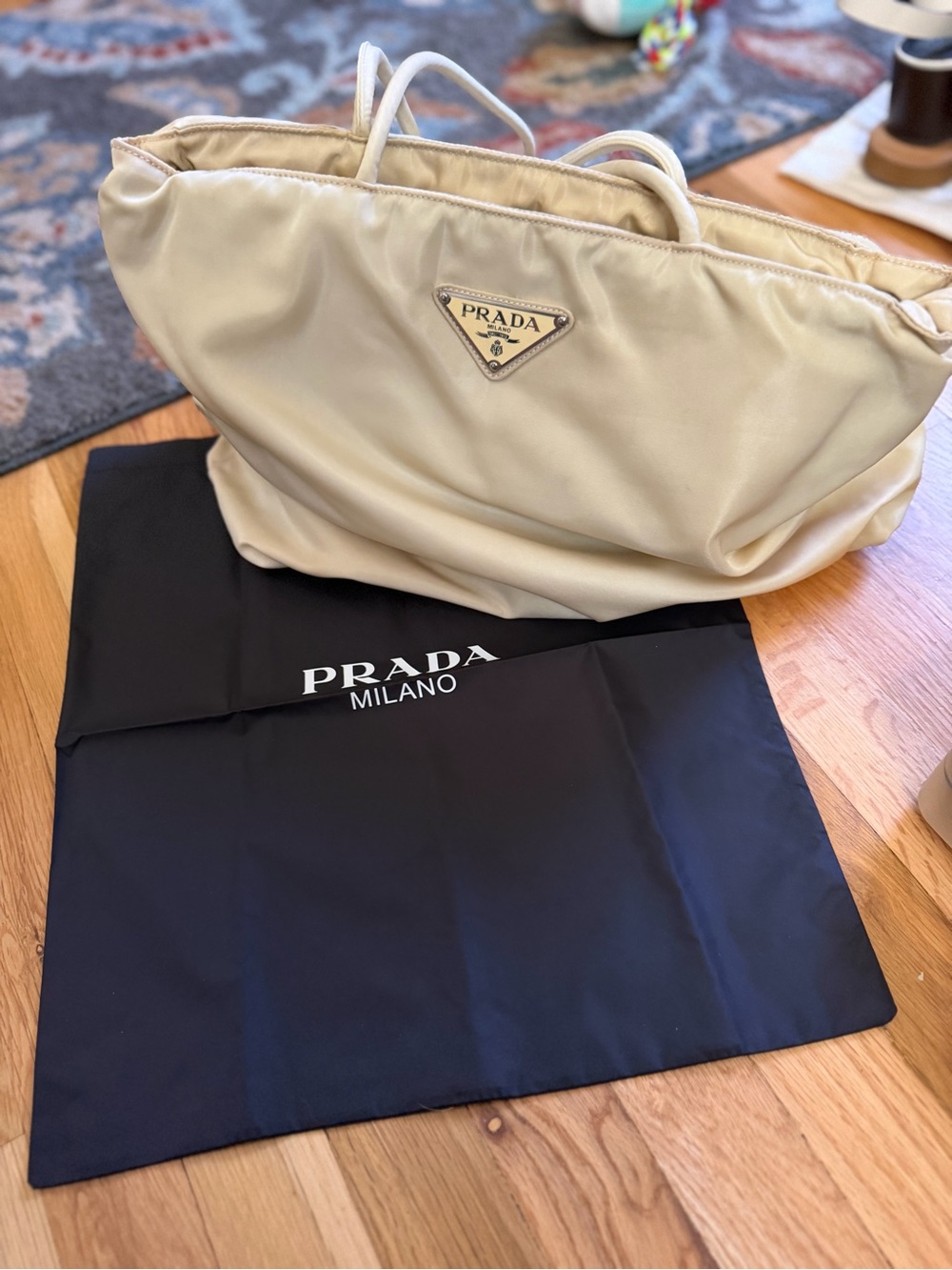 PRADA Tessuto Cream Nylon Tote with Triangle Prada Logo